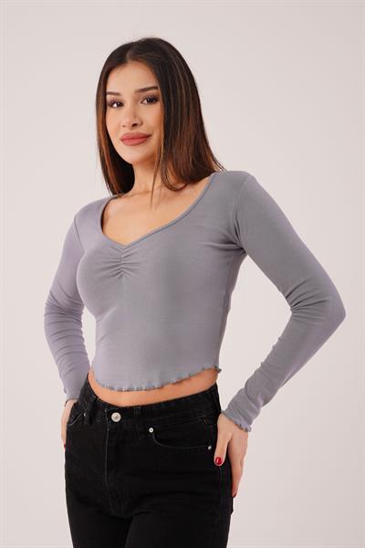 Geniş Yaka Gri Basic Body Bluz