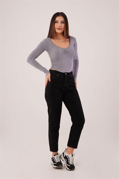 Geniş Yaka Gri Basic Body Bluz