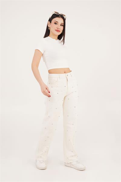 Glow Mode İşlemeli Yüksek Bel Palazzo Bej Kot Pantolon