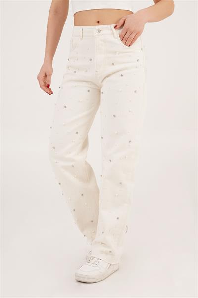 Glow Mode İşlemeli Yüksek Bel Palazzo Bej Kot Pantolon