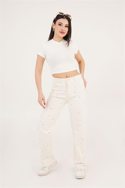 Glow Mode İşlemeli Yüksek Bel Palazzo Bej Kot Pantolon