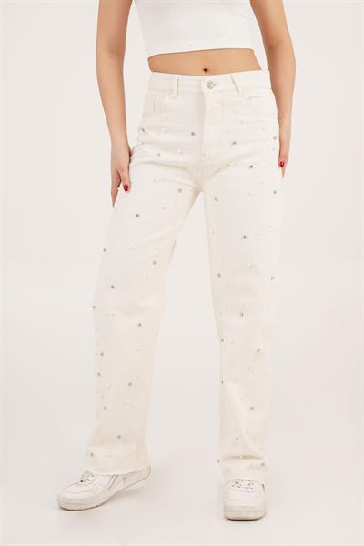 Glow Mode İşlemeli Yüksek Bel Palazzo Bej Kot Pantolon