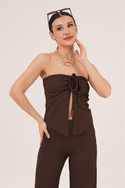 Gofre Boyundan Bağlamalı Dekolteli Kahve Crop