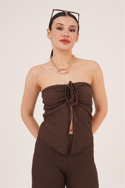 Gofre Boyundan Bağlamalı Dekolteli Kahve Crop