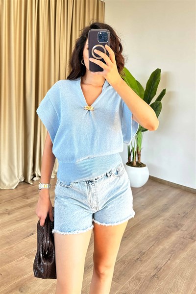 Gold Aksesuarlı Yarasa Kol Yazlık Bebe Mavisi Örme Bluz