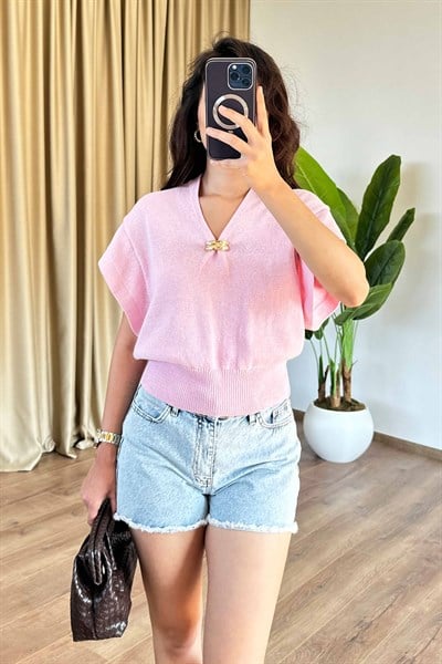 Gold Aksesuarlı Yarasa Kol Yazlık Pembe Örme Bluz