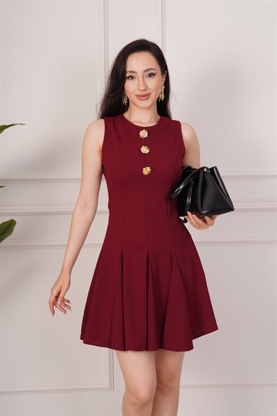 Gold Detaylı Kloş Kesim Bordo Elbise