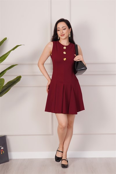 Gold Detaylı Kloş Kesim Bordo Elbise