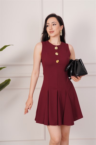 Gold Detaylı Kloş Kesim Bordo Elbise