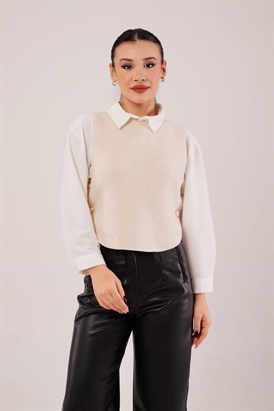 Gold Düğme Detaylı Oval Kesim Triko Taş Süveter