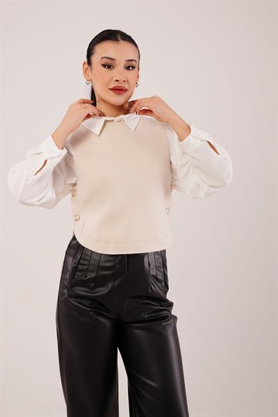 Gold Düğme Detaylı Oval Kesim Triko Taş Süveter