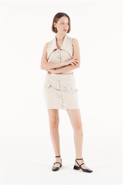 Gold Düğmeli Bej Etek Yelek Takımı