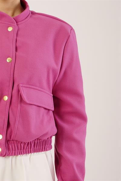 Gold Düğmeli Kaşe Magenta Bomber Ceket