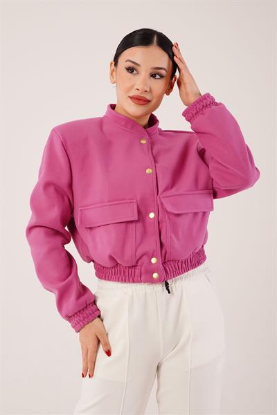 Gold Düğmeli Kaşe Magenta Bomber Ceket