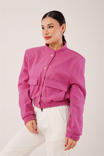 Gold Düğmeli Kaşe Magenta Bomber Ceket