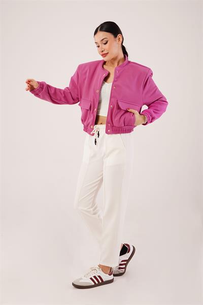 Gold Düğmeli Kaşe Magenta Bomber Ceket