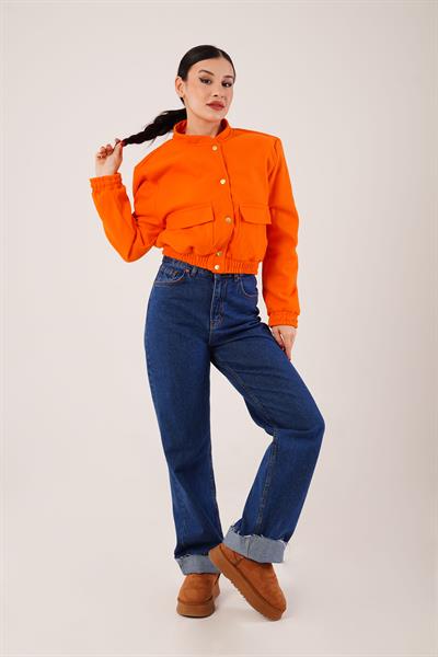 Gold Düğmeli Kaşe Oranj Bomber Ceket