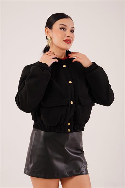 Gold Düğmeli Kaşe Siyah Bomber Ceket
