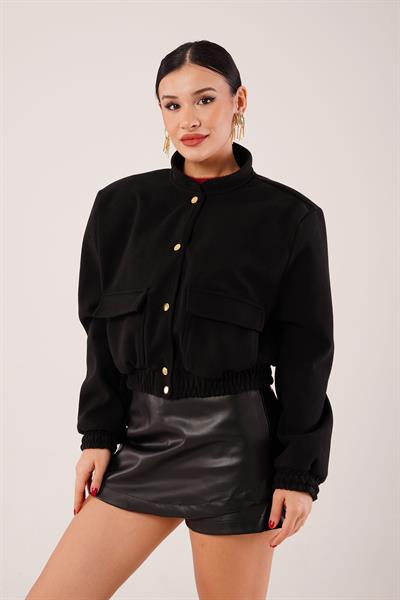 Gold Düğmeli Kaşe Siyah Bomber Ceket