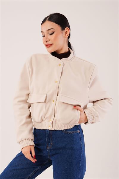 Gold Düğmeli Kaşe Taş Bomber Ceket