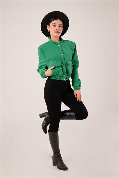 Gold Düğmeli Kaşe Yeşil Bomber Ceket