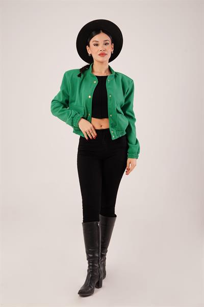 Gold Düğmeli Kaşe Yeşil Bomber Ceket