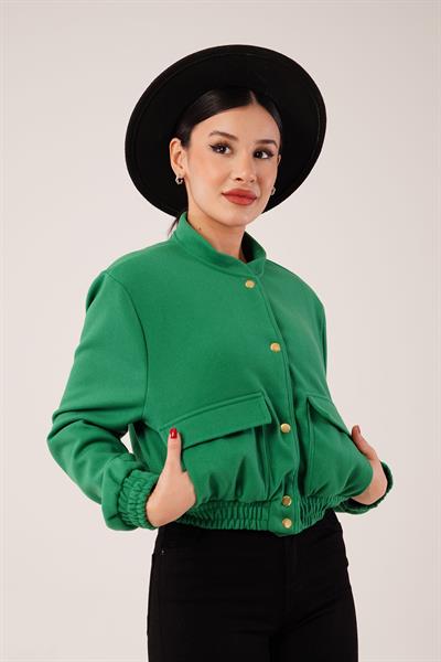 Gold Düğmeli Kaşe Yeşil Bomber Ceket