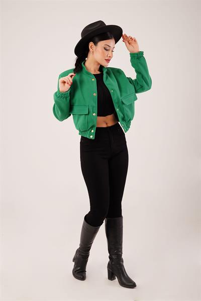 Gold Düğmeli Kaşe Yeşil Bomber Ceket
