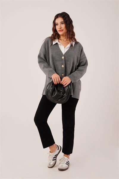 Gold Düğmeli V Yaka Basic Antrasit Triko Hırka