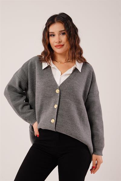 Gold Düğmeli V Yaka Basic Antrasit Triko Hırka