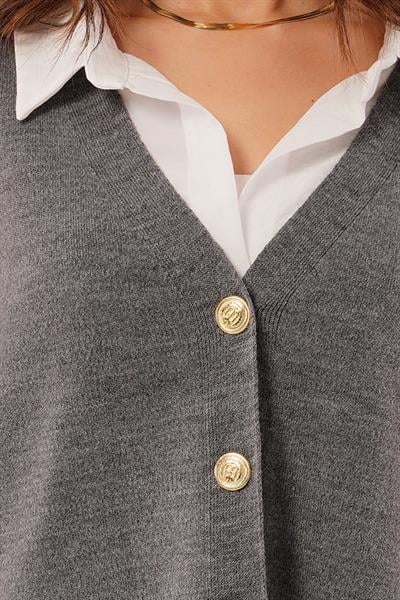 Gold Düğmeli V Yaka Basic Antrasit Triko Hırka
