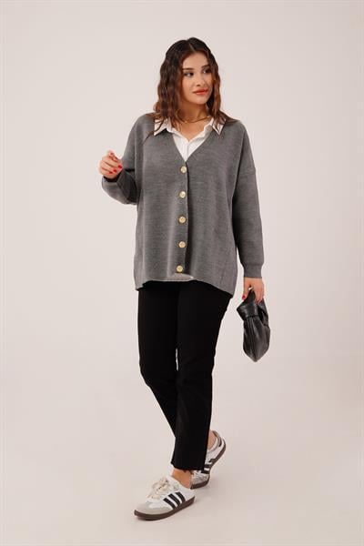 Gold Düğmeli V Yaka Basic Antrasit Triko Hırka