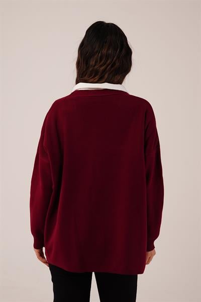 Gold Düğmeli V Yaka Basic Bordo Triko Hırka