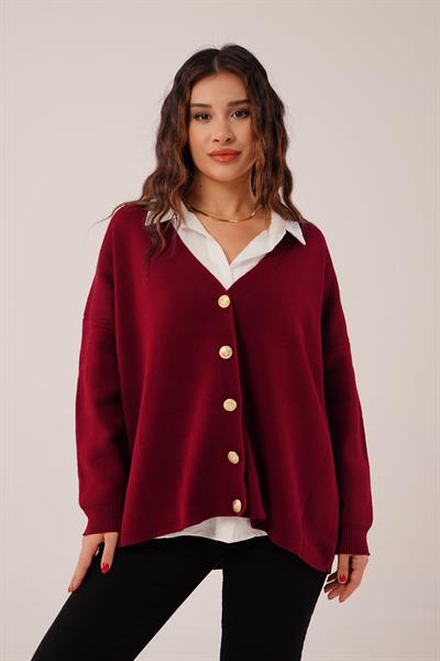 Gold Düğmeli V Yaka Basic Bordo Triko Hırka