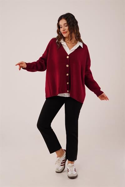 Gold Düğmeli V Yaka Basic Bordo Triko Hırka