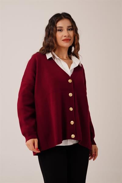 Gold Düğmeli V Yaka Basic Bordo Triko Hırka