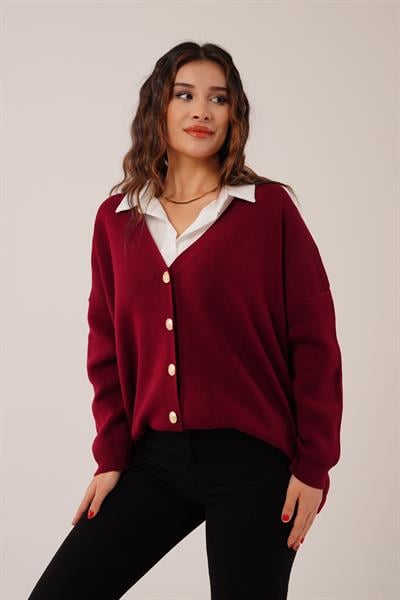 Gold Düğmeli V Yaka Basic Bordo Triko Hırka