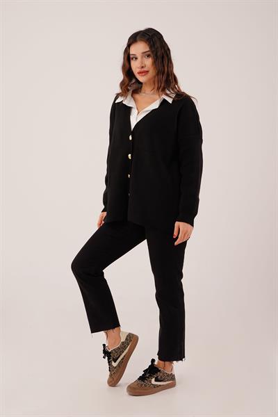 Gold Düğmeli V Yaka Basic Siyah Triko Hırka