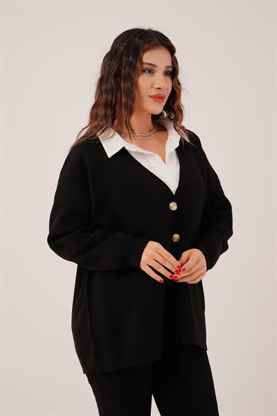Gold Düğmeli V Yaka Basic Siyah Triko Hırka