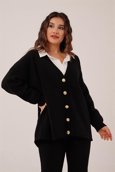 Gold Düğmeli V Yaka Basic Siyah Triko Hırka