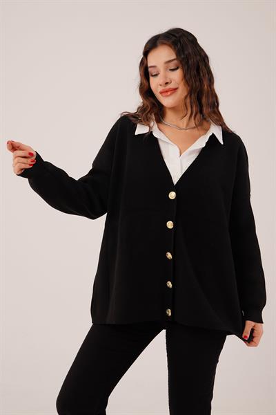 Gold Düğmeli V Yaka Basic Siyah Triko Hırka