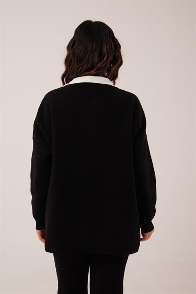 Gold Düğmeli V Yaka Basic Siyah Triko Hırka