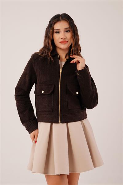 Gold Fermuarlı Kahve Kaşe Soft Ceket