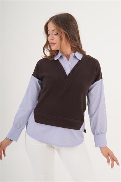 Gömlek Çıkmalı Garnili Kahve Kazak