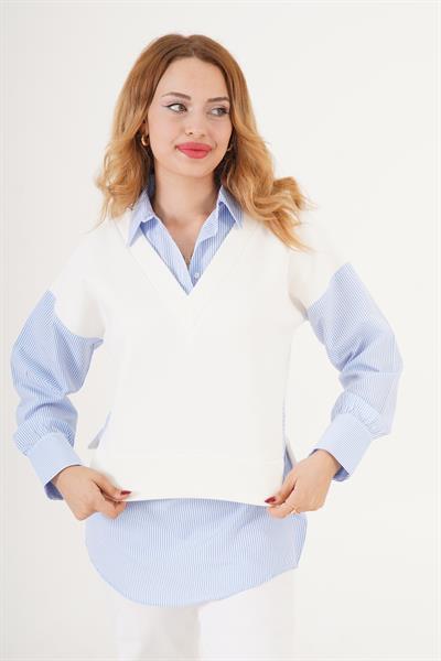 Gömlek Detaylı Beyaz Sweatshirt