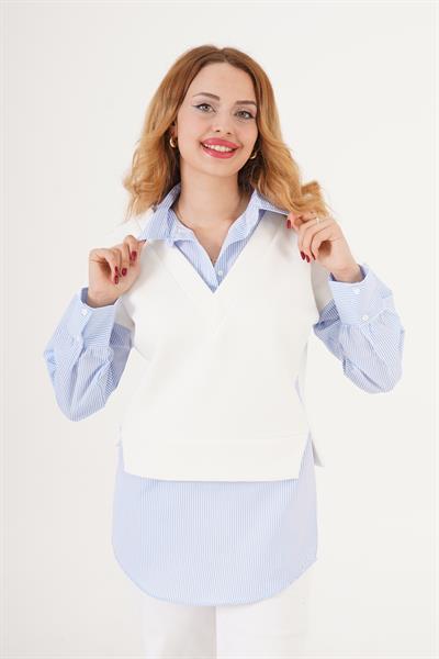 Gömlek Detaylı Beyaz Sweatshirt