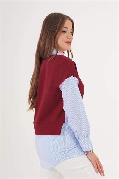 Gömlek Detaylı Bordo Sweatshirt