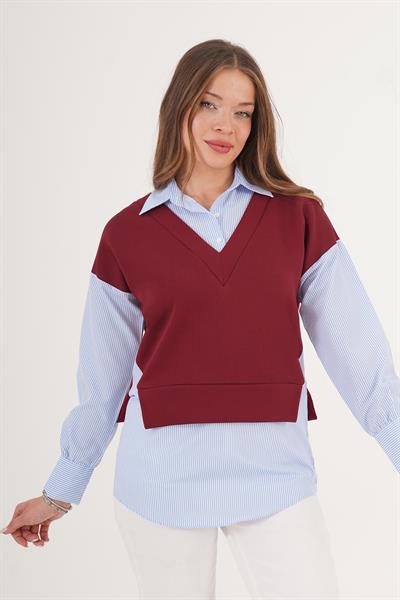 Gömlek Detaylı Bordo Sweatshirt