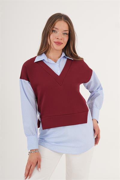 Gömlek Detaylı Bordo Sweatshirt