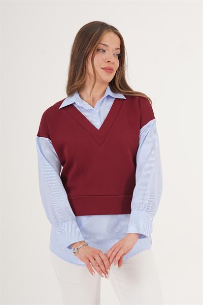 Gömlek Detaylı Bordo Sweatshirt